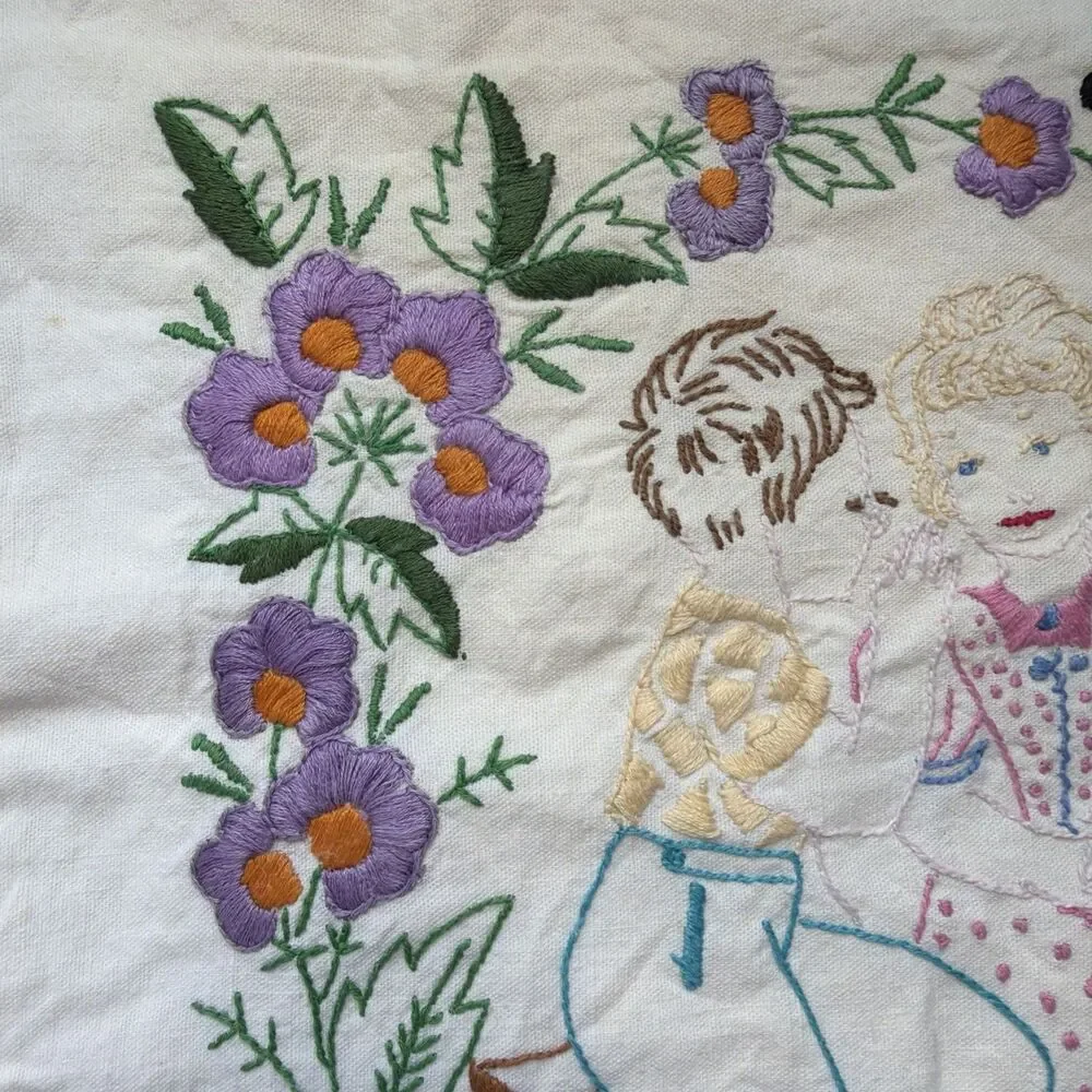Vintage Hand-Embroidered Pillow Sham Case German Folk Art Flowers Love
